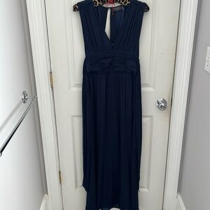 Navy maxi dress with silky fabric ruffles and pleated detail